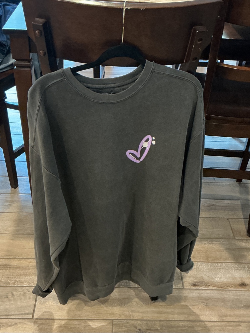 Washed Charcoal Crewneck Sweater with Lavender Heart Accent